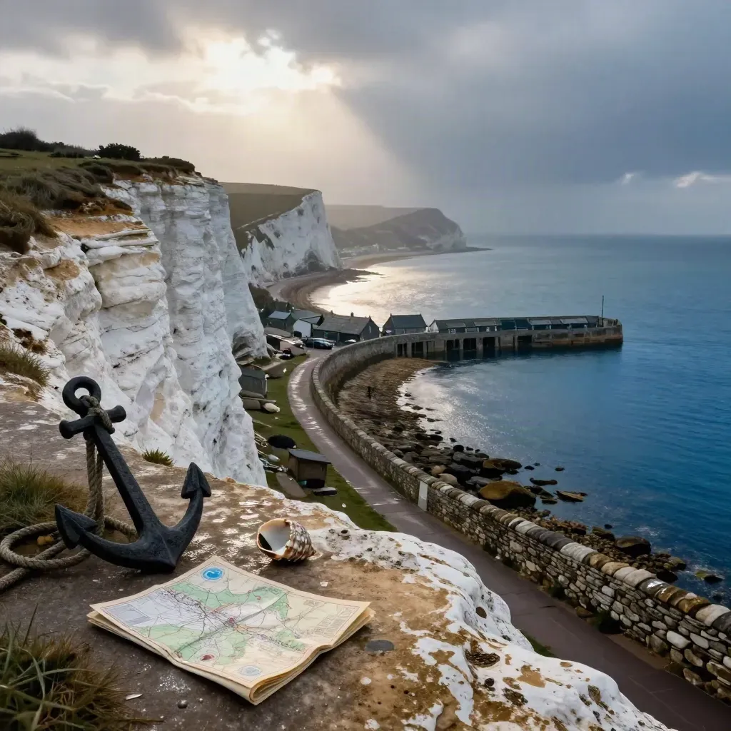 Chalk cliff, harbour water, slate rooftops, map, shell, and rope coil in dramatic light