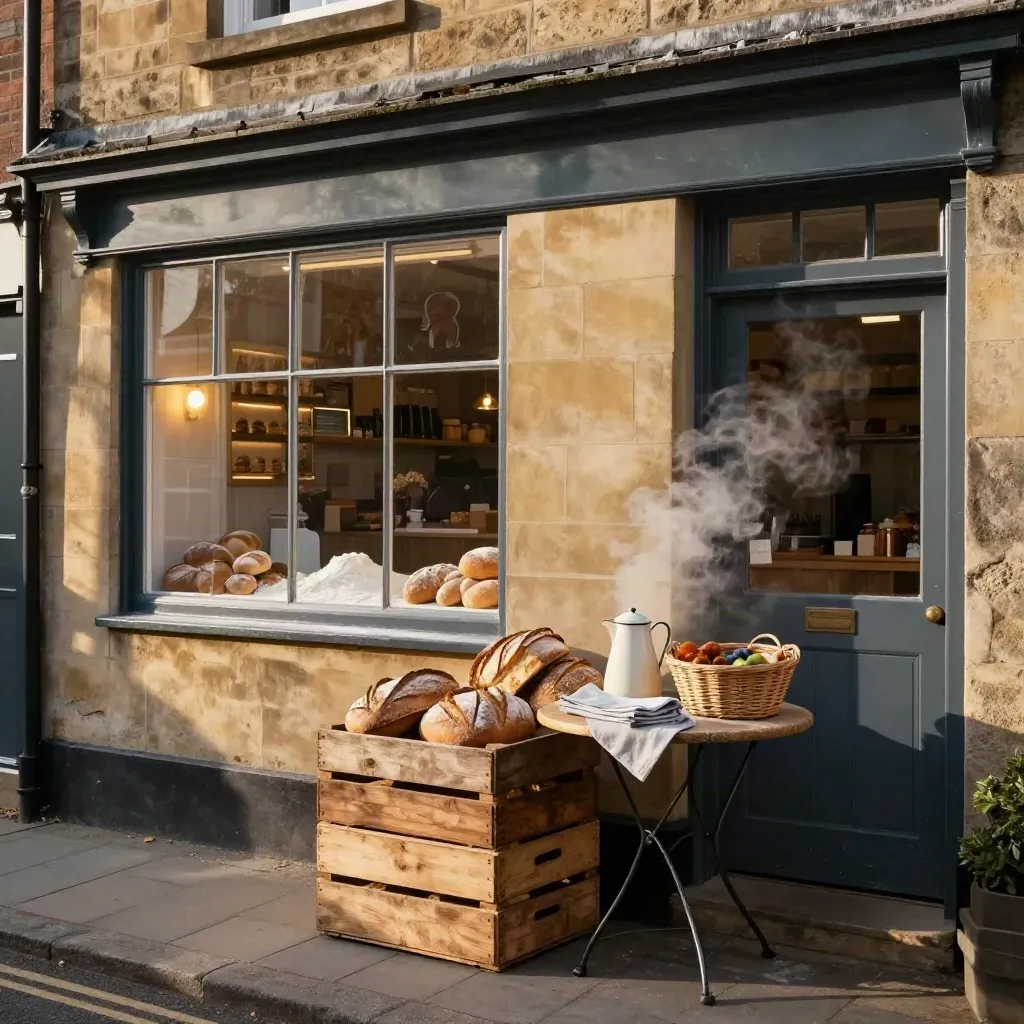 Bridport bakery lane with glowing window, stacked crates, steam and a quiet courtyard table.