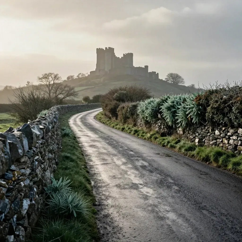 Wet Purbeck lane with stone walls, drizzle, and Corfe Castle silhouetted beyond.