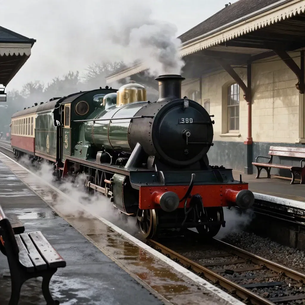 Steam locomotive easing into Swanage Railway station with billowing steam.