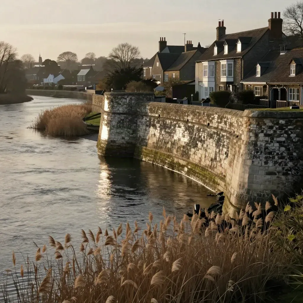 Wareham Walls by a slow river bend, reeds, stone embankment and soft old town roofs at dusk.