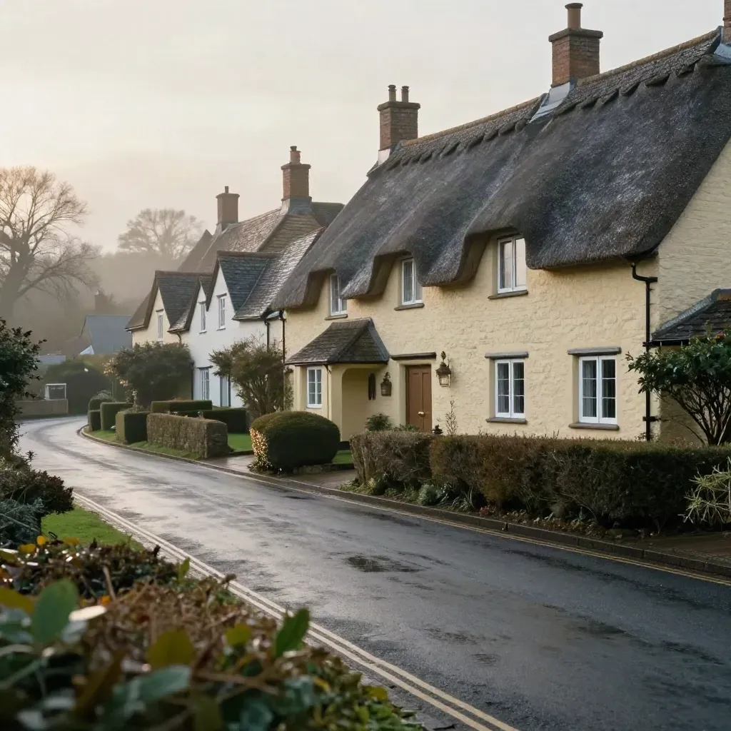 Wet Milton Abbas cottages and a curving road in soft mist after rain